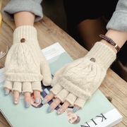 秋冬季韩版露指翻盖 冬天女士可爱麻花半指保暖学生纯色毛线手套