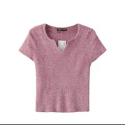 韩国欧美小V领短袖T恤女上衣套头纯色短款露脐紧身打底针织衫薄款