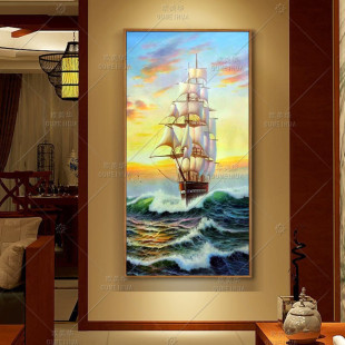 欧式玄关油画走廊过道，装饰画美式有框挂画办公室，帆船壁画一帆风顺