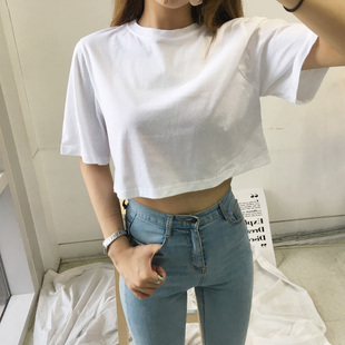 露脐上衣短款白色t恤女短袖学生，夏季韩版纯棉纯色宽松高腰漏肚脐