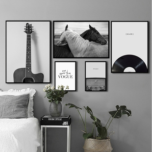 北欧简约现代装饰画照片墙黑白吉他音乐创意壁画唱片组合墙画挂画