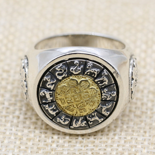 中国风纯银复古个性可转动十二生肖戒指 霸气泰银指环男宽面食指