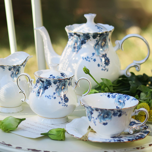 简约现代英式下午茶具套装，家用整套茶具蓝花，客厅泡茶具带托盘架