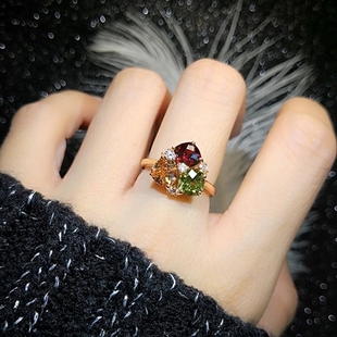时尚碧玺红黄绿三生石彩色，水晶镶钻宝石戒指镀18k金中食指指环女