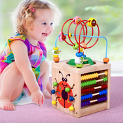 木制儿童益智早教启蒙玩具多动能婴儿绕珠串珠四面大绕珠百宝箱