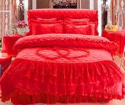 定制婚庆四件套韩版公主风蕾丝夹棉床裙18米粉色被罩玫红床罩4件