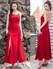 复古大红色修身吊带气质长裙，2020性感露背开叉，沙滩度假圆领连衣裙