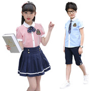 儿童短袖纯棉衬衫夏季套装，小学生英伦校服女孩，裙子幼儿园园服班服