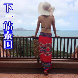 泰国传统一片式包裙长简裙民族风复古波西米亚半身裙沙滩裙裹裙女