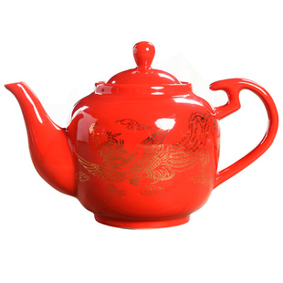 红色结婚敬茶壶中国红双喜，长嘴茶壶婚庆陶瓷茶具
