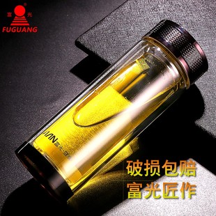 富光健牌双层水晶玻璃杯，圆形直身带盖创意便携过滤男女泡茶杯子