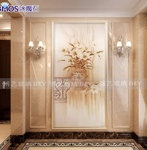 上海艺术玻璃玄关背景墙深雕 现代 简欧风格 花瓶百合花 金箔超白