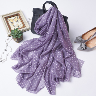 紫色白波点真丝围巾女士圆点桑，蚕丝丝巾长款纱巾，韩国披肩春秋冬季