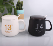 创意1314情侣对杯陶瓷喝水杯马克杯带盖勺logo情人节礼物