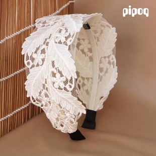 pipoq韩版白色镂空树叶蕾丝宽发箍 韩国气质简约宽头箍发卡发饰