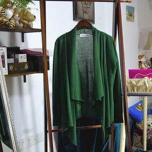 秋季外贸棉麻针织短开衫，尾货百搭薄款围巾领墨绿色无扣外搭女