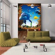 海底鲸鱼大型壁画8d走道，儿童卧室电视客厅，背景墙旧砖块竖着壁纸