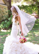 结婚新娘双层发梳白色拖尾婚纱，遮面软纱盖头纱拍照道具