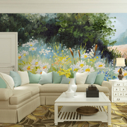 手绘油画田园风景墙纸环保无缝大型壁画花卉，客厅电视背景墙壁纸