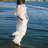 奈良海南三亚沙滩裙女夏季白色，长裙雪纺海边度假裙子一字肩连衣裙