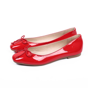欧美时尚百搭漆皮蝴蝶结女鞋红色平底单鞋真皮平跟浅口鞋瓢鞋