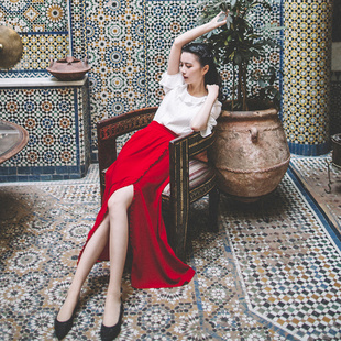 撒哈拉原创复古开衩国风红色荷叶，边高腰半裙a字裙时间的旅行者