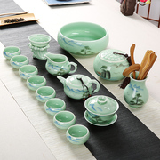 景德镇手绘青瓷茶具家用荷花功夫陶瓷套装整套青花瓷白瓷茶杯茶壶