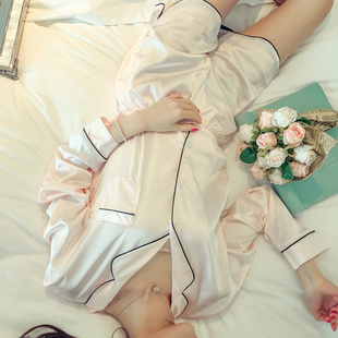 韩版春秋季女士简约甜美翻领，衬衫柔滑丝缎长袖休闲家居服睡衣套装