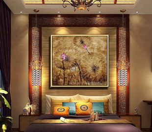 东南亚风格手绘油画现代客厅餐厅玄关家居会所荷叶金箔装饰画挂画