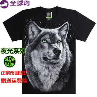 泰国进口潮牌3D立体动物狼头男士短袖纯棉T恤 个性夜光潮男半袖