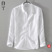 春夏季日系薄款短袖亚麻衬衫，男休闲宽松棉麻，长袖衬衣外套上衣白色