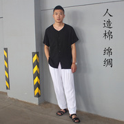 夏季中老年人造棉开衫套装男装，圆领短袖家居服绵绸睡衣长裤两件套