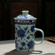 陶瓷茶杯水杯个人杯带过滤内胆，三件套杯复古青花瓷，泡茶杯会议用杯