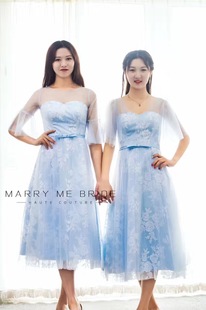 出售二手九新蓝色包肩飞飞袖姐妹服中长款新娘结婚伴娘服礼服
