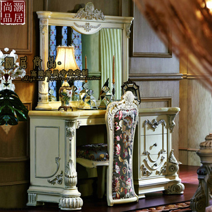 欧式实木梳妆台白色家用别墅雕花，卧室大理石面，公主化妆桌镜组合