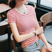 纯棉红白条纹短袖T恤女夏 韩版修身显瘦红色细横条纹紧身半袖上衣