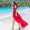 露肩红色复古前短后长燕尾，连衣裙波西米亚沙滩，裙飘逸雪纺长裙