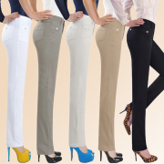 夏季中年女裤长裤高腰直筒，女式大码妈妈裤，白色休闲裤弹力裤子