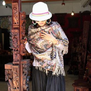 秋冬尼泊尔印花羊毛披肩女加厚复古长方形保暖披风羊绒披巾围巾女