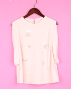 万69SC943女装春秋季套头圆领中袖粉色修身雪纺衫上衣