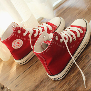 环球红色大码女士高帮帆布鞋40414243韩版高邦鞋，子平跟单鞋潮