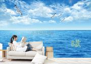 蓝天白云大(白云大，)海洋壁画风景客厅沙发电视，背景墙壁纸自然风光大型墙纸