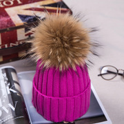 秋冬天纯色卷边针织帽韩版超大貉子毛球毛线帽女加绒加厚保暖帽子