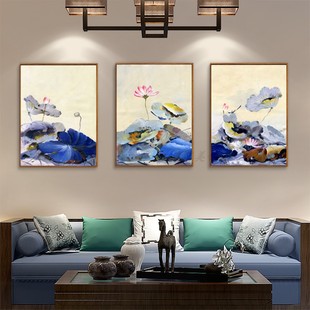 新中式现代荷花荷叶油画风格装饰画画芯玄关客厅三联画无框画心布