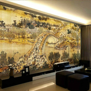现代中式墙纸客厅背景墙壁纸书房古典沙发壁画清明上河图大型壁画