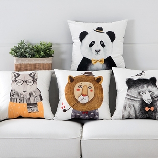 天鹅绒可爱北欧动物狮子熊猫抱枕大号床头沙发靠垫套靠枕靠背含芯