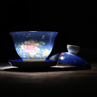 陶生活珐琅彩陶瓷盖碗，茶具手绘渐变扒花三才，盖碗茶杯大号泡茶茶碗