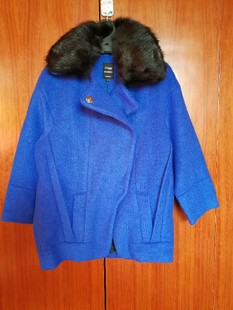 艾AG格蓝色条纹大翻领宽肩夹克式羊毛大衣女外套140121220 *