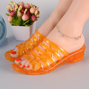 夏季坡跟水晶拖鞋女透明塑料胶凉拖鞋防滑防水厚底妈妈老式半拖鞋