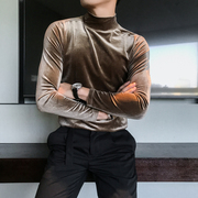 男士丝绒长袖t恤秋季韩版修身半高领打底衫，时尚纯色休闲中领体恤